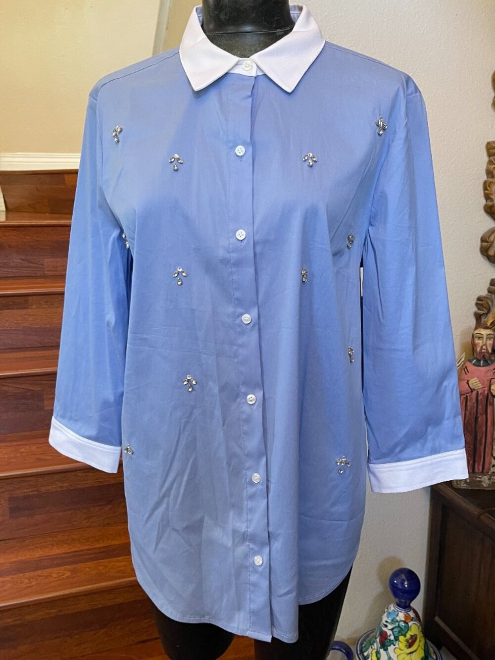 Ann Taylor Button-up Long Sleeve Blue/White Size 14 Blouse Top Rhinestones MINT